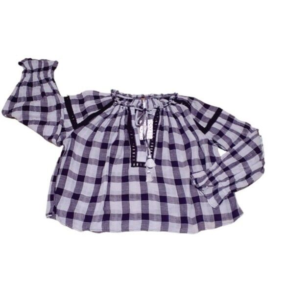 Free People Honey Grove Plaid Purple Plum Long Sleeves Tassel Boho Peasant Top S - Picture 2 of 8